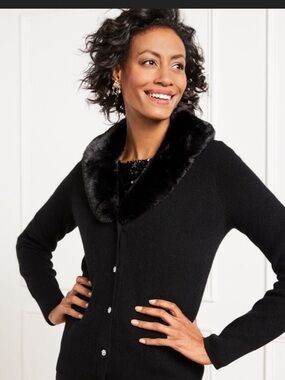 Talbots Dressy Cardigan, Removable Faux Fur Collar, Sparkly Buttons